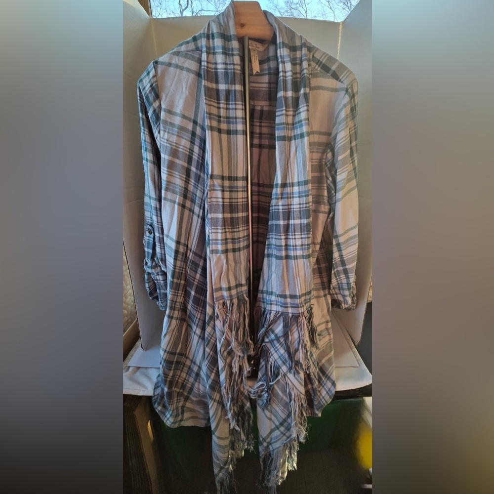 MATILDA JANE Form-A-Line Jackt 28630T Open Front Roll Tab Lg SIv Plaid L #13512